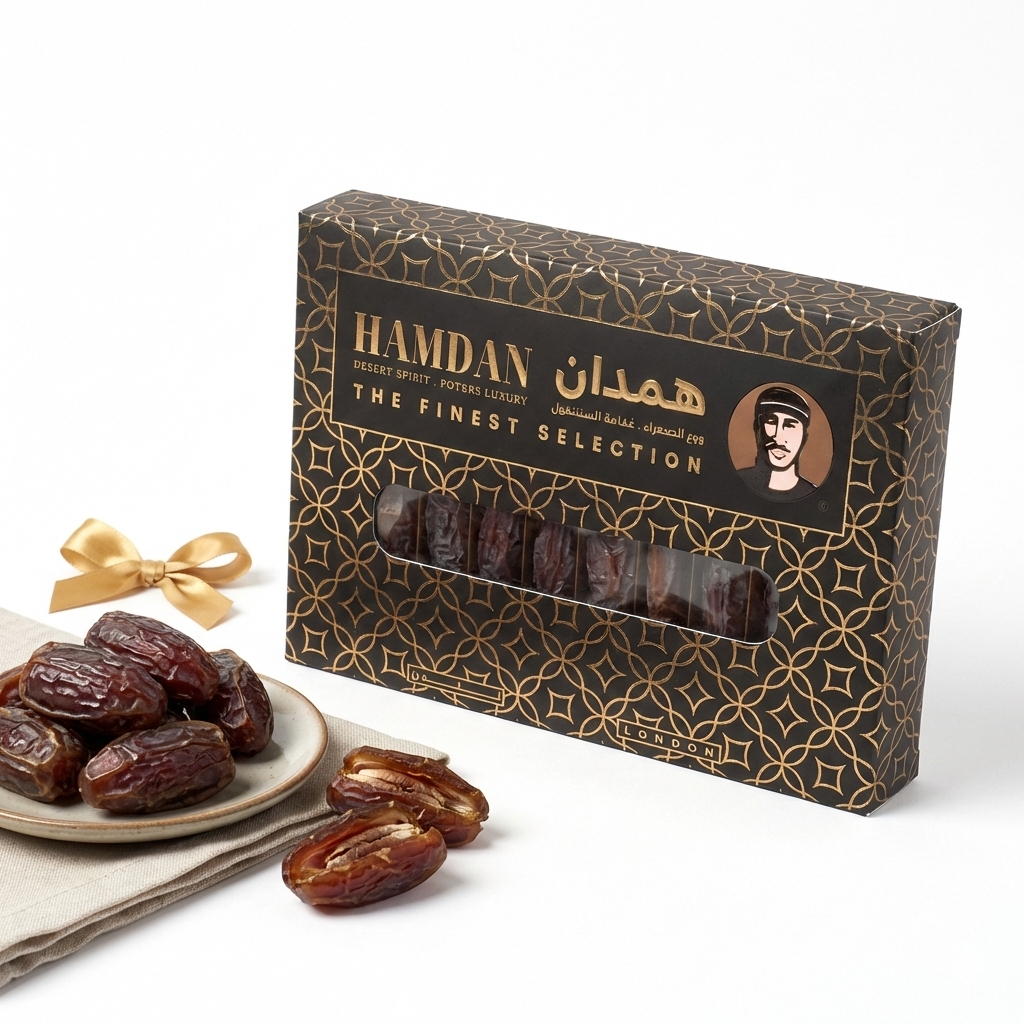 Hamdan premium Palestinian Medjool dates presented in an elegant black and gold gift box, large soft dates ideal for Ramadan and gifting
