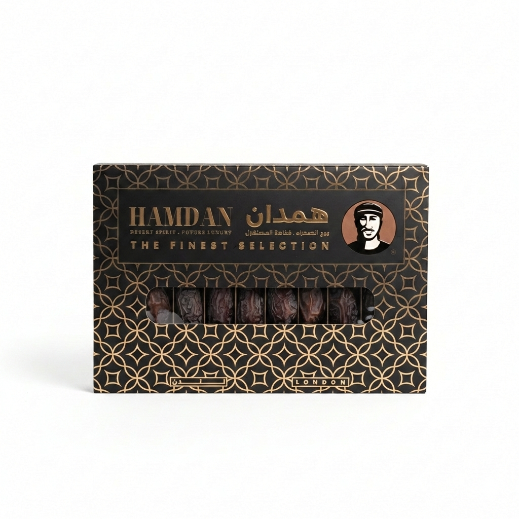 Hamdan premium Palestinian Medjool dates presented in an elegant black and gold gift box, large soft dates ideal for Ramadan and gifting