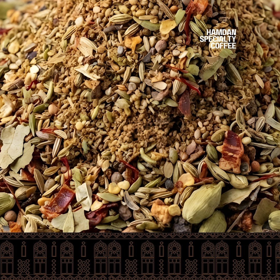 Karak chai masala Yemen, bold Adeni spiced tea with cardamom, cloves, saffron and cinnamon, creamy aromatic blend, 140g