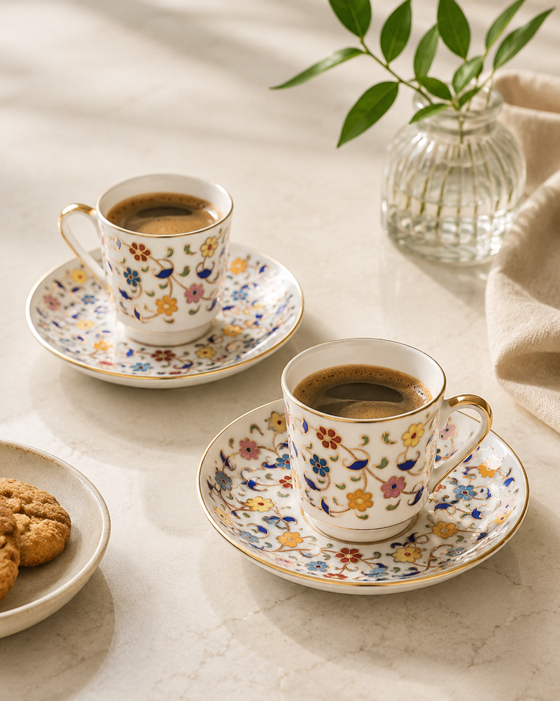 Anatolian Floral Coffee Cup Set — 2 Cups & Saucers Hamdan Coffee